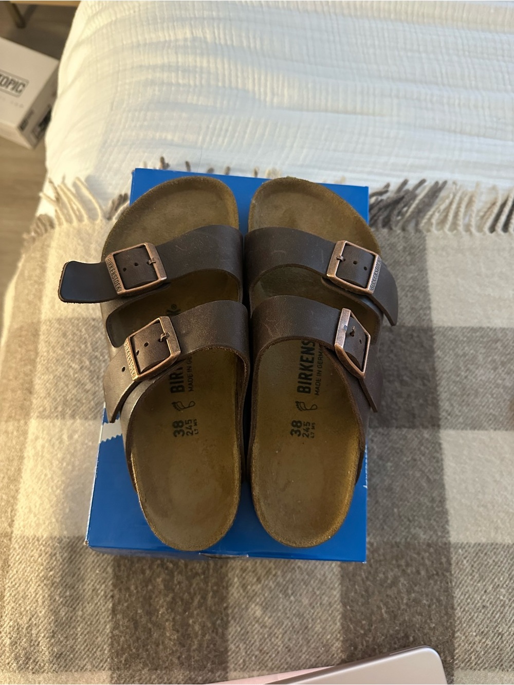 Birkenstock Brown Two-Strap Arizona Sandals with Copper Buckles